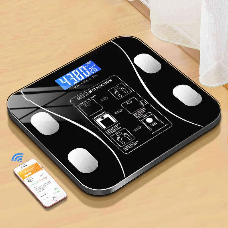 Weegschaal Bluetooth-compatibel Body Fat Escamas Smart Electronic BMI Samenstelling Analyzer Fashion Precision Bathroom Black H1229