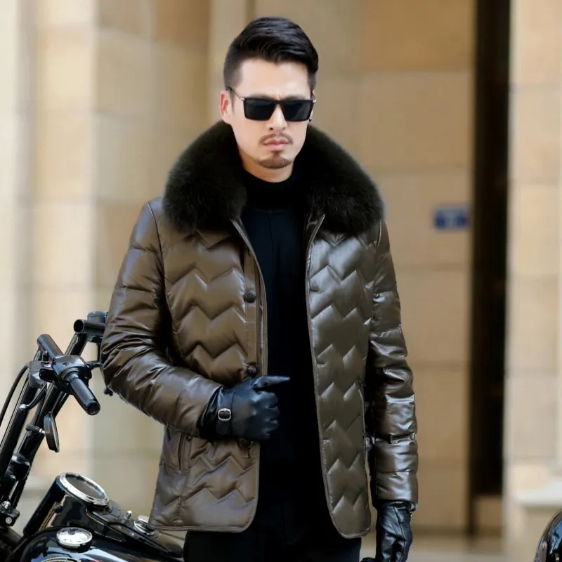 Winter Jacket Mens Leather Jacket fo Fur Collar Business Solid duck down Mens Faux Fur Coats Plus Size M-4XL 201128