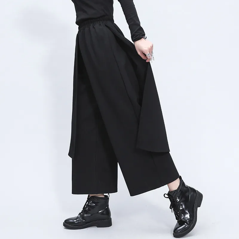 [EAM] taille haute élastique noir fendu Joint longue jambe large pantalon nouveau pantalon coupe ample femmes mode printemps automne 2020 LJ201029
