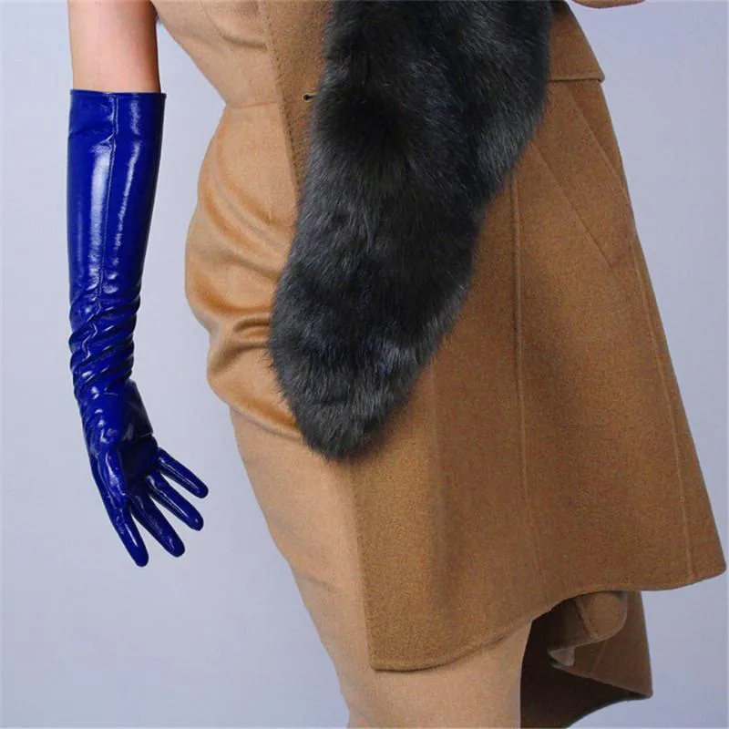 女性特許革の手袋ウルトラショートPUシミュレーションレザーブライトミラー明るい青い青13cm BL011239C