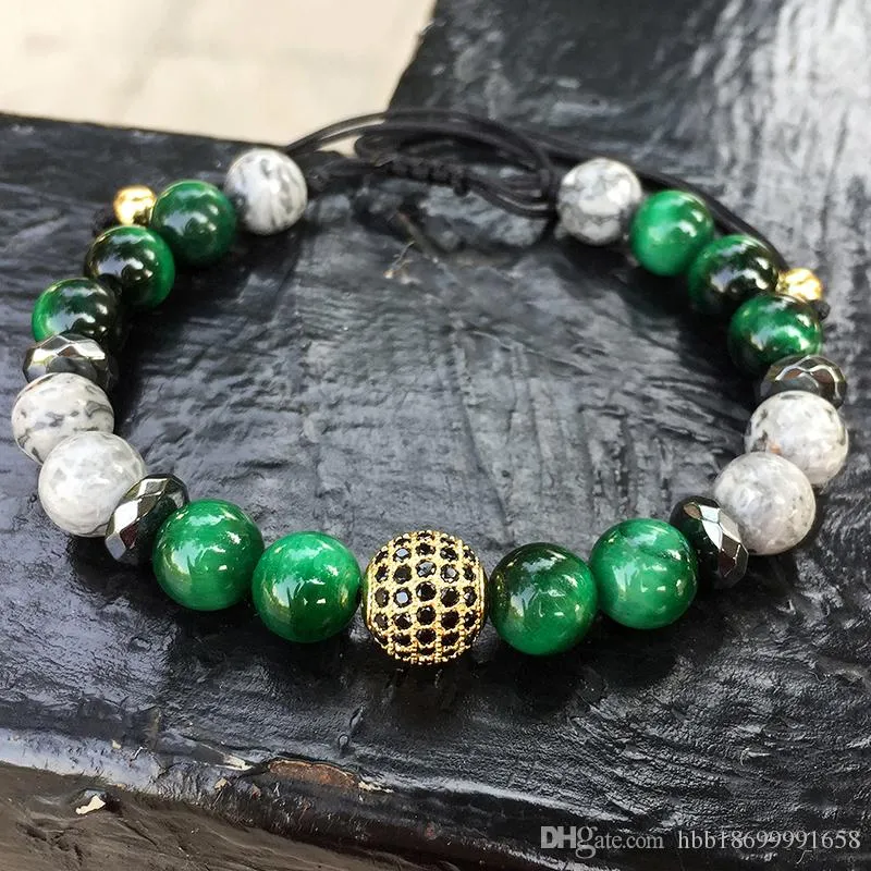 Natural Gray Map Stone Bracelet Pave CZ Charms Bracelet For Men Jewelry Green Tiger Eye Stone Pulseras homme Buddha Bracelet