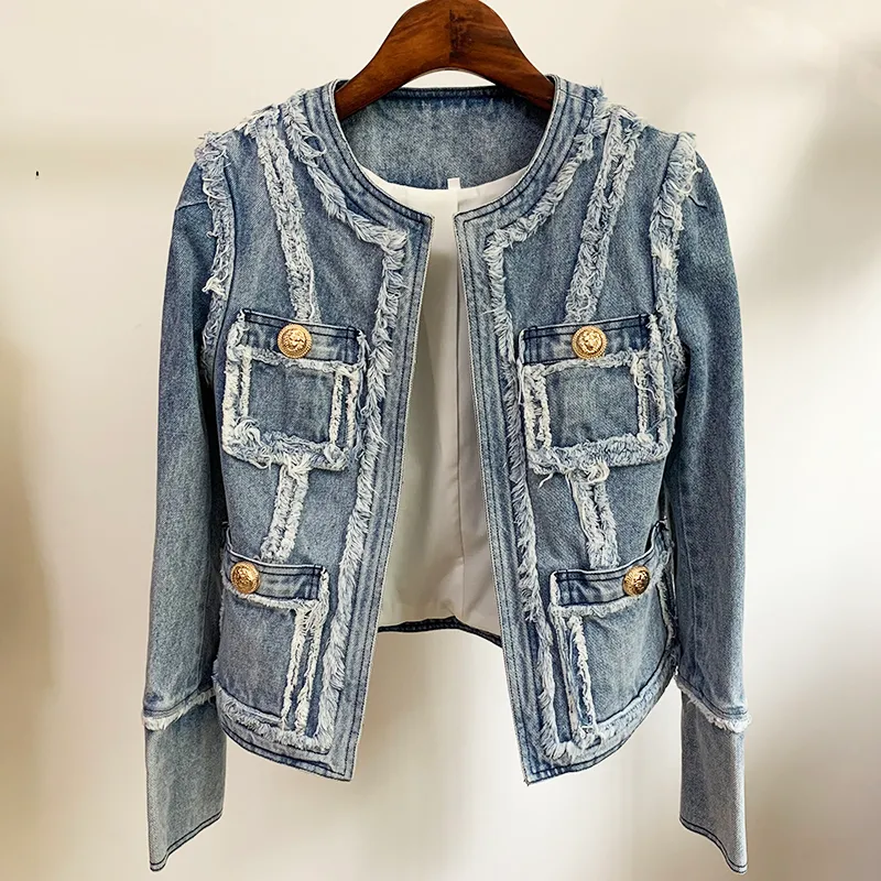 HOHE QUALITÄT Neue Mode Stilvolle Designer Jacke Damen Metall Löwen Knöpfe Fransen Denim Jacke 201017