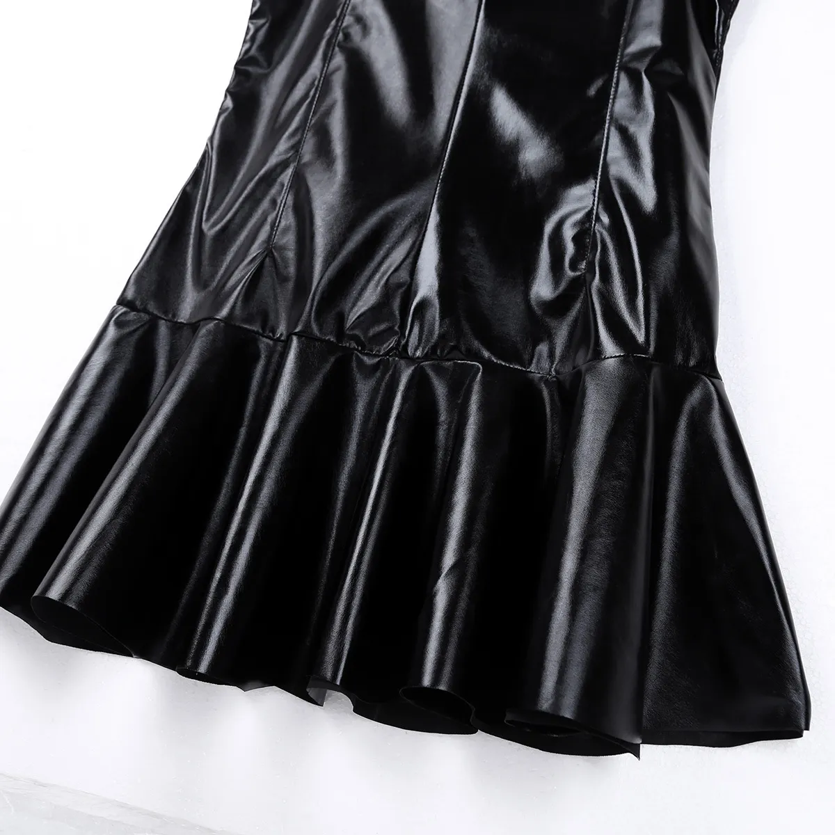 Womens Ladies Fashion Cocktail Party Dresses Wet Look PU Leather High Collar Sleeveless Bottom Flare Mini Dress Pole Clubwear T200107