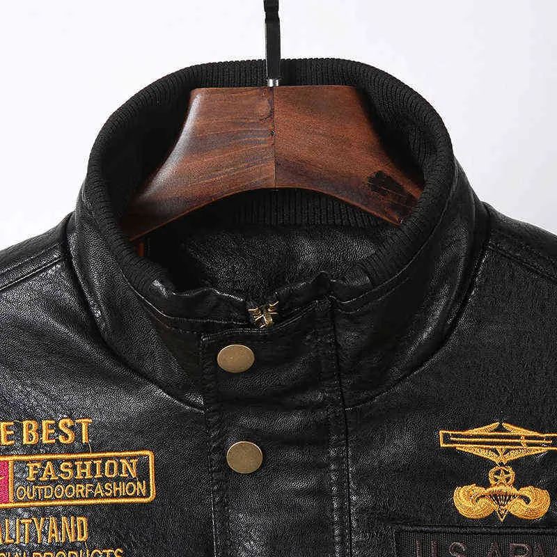 La veste en cuir pour hommes classique broderie Pu décontracté col montant Air Force pilote poche marron veste en cuir 220125