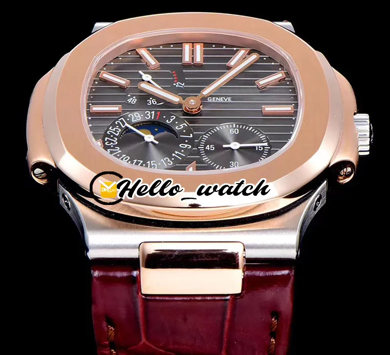 Novo pff 40mm esporte 5712r-001 5712 mão mecânica enrolamento relógio masculino fase da lua reserva de energia mostrador cinza rosa ouro marrom couro he186j
