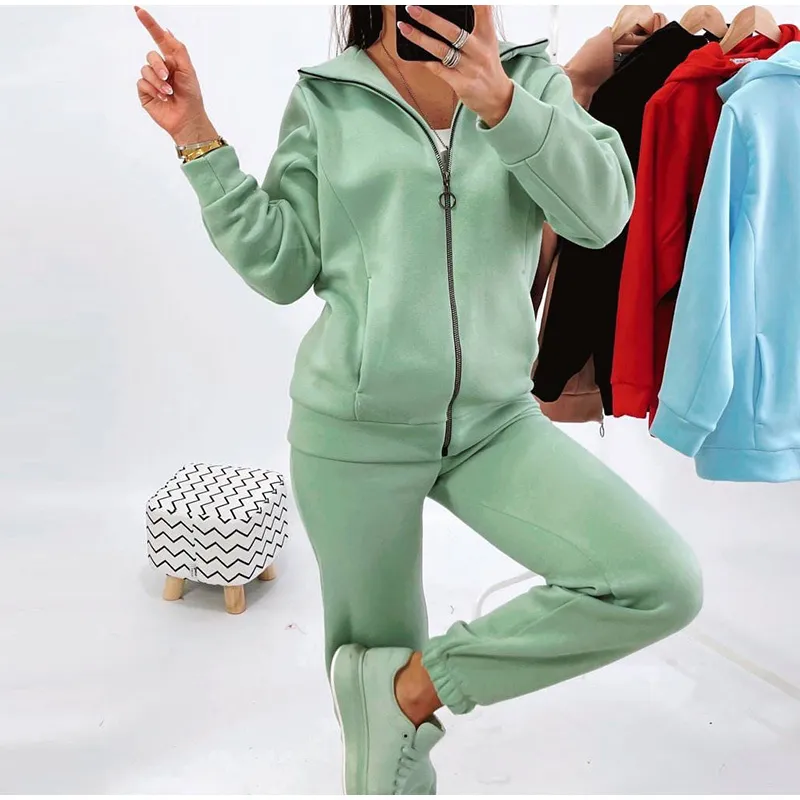 Casual Women Hoodie Two Piece Sets Zipper Hooded Jacket And Pencil Pant Warm Suits Autumn Winter Fashion Streetwear Tracksuits 220308