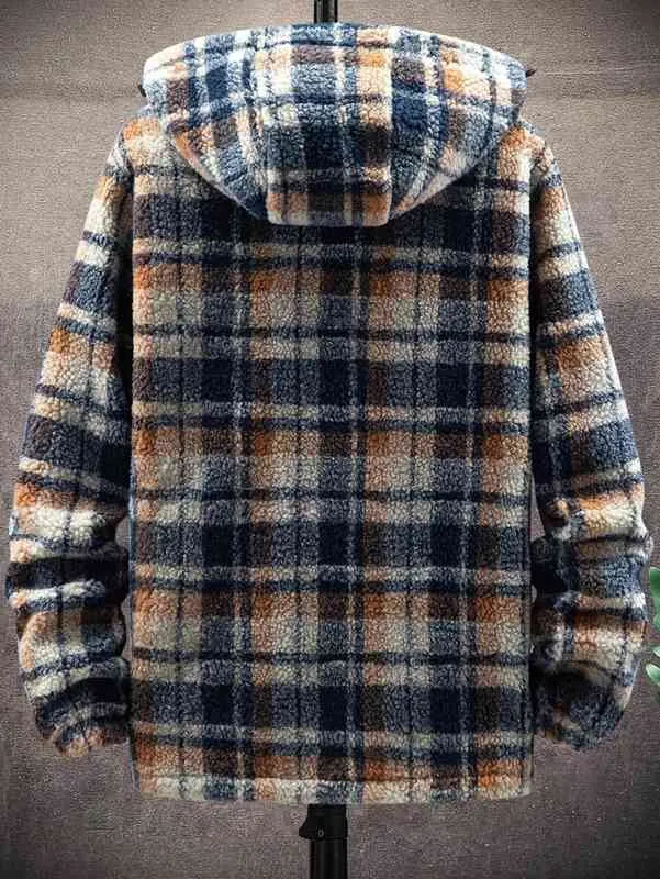 Men's Sweatshirts Men Plaid Zip Up Teddy Hooded Jacket Winter Cotton Coat Loose Jacket 220119