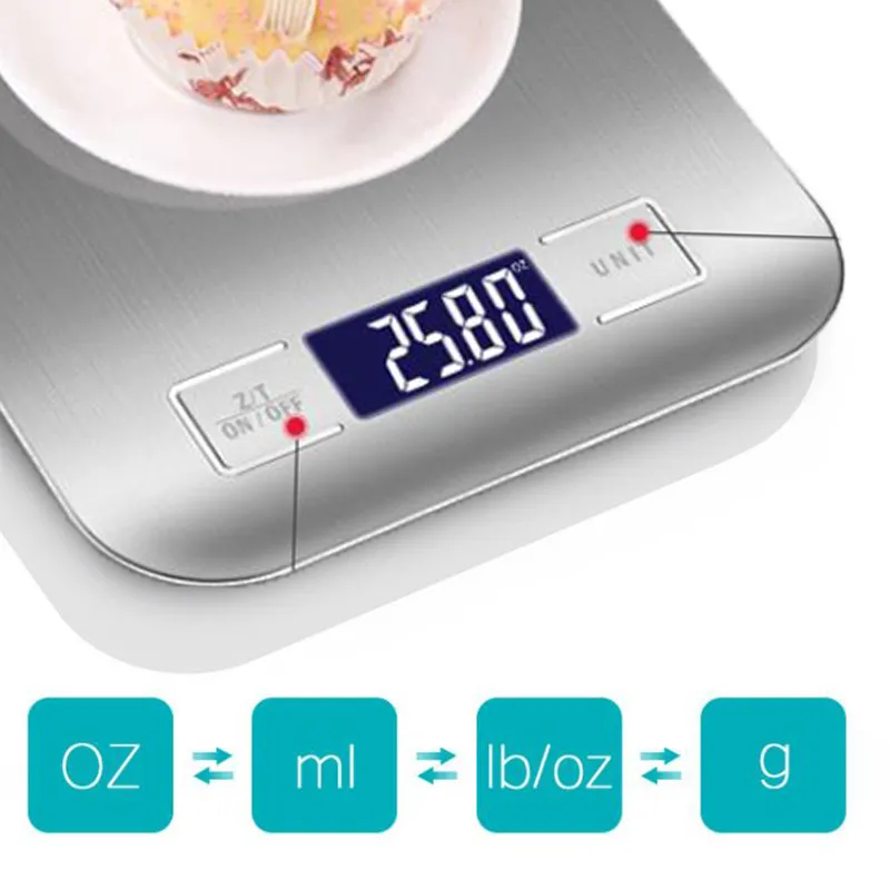Balances de cuisine électroniques de haute précision 5kg / 1g LCD Balance alimentaire numérique Balance de poids en acier inoxydable Balance Outil Balance argent Y200328