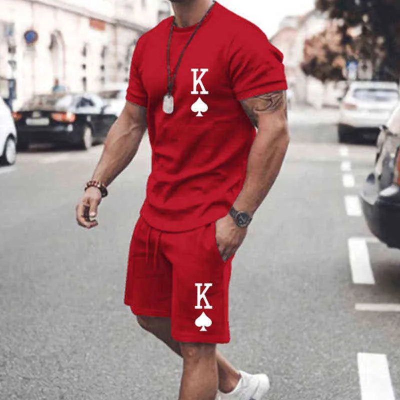 Heren Sportkleding Effen Kleur Brief K Afdrukken O-hals T-shirt Pak Zomer Mode Outdoor Leisure Sport Shorts Suit 2-delige Set W220228