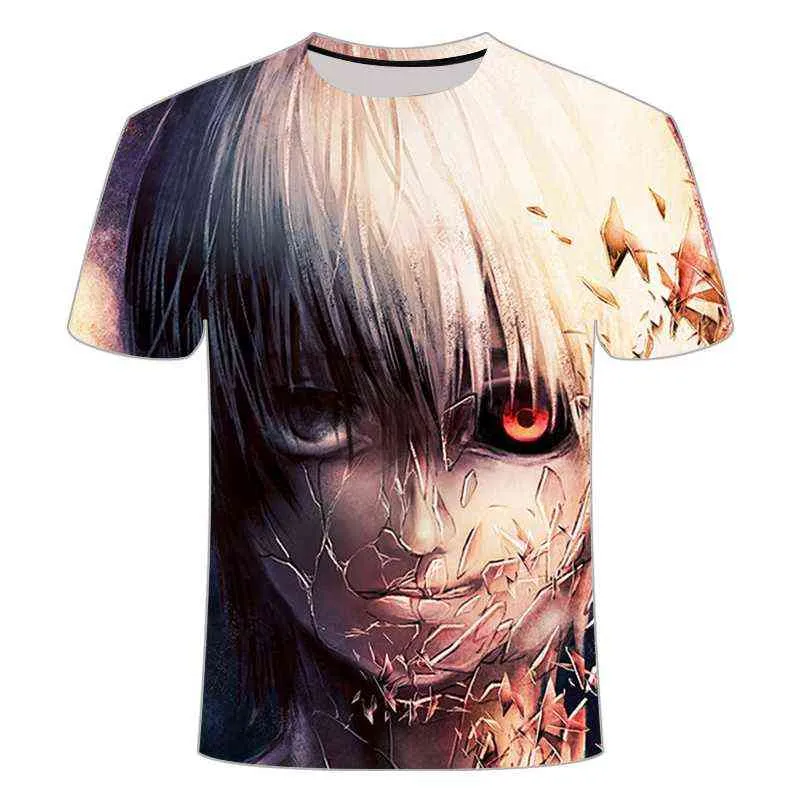 2021 Moda verão novo homens t-shirt tokyo ghoul camiseta anime tshirt terror de manga curta tshirt engraçado 3d impressão casual homens y220208