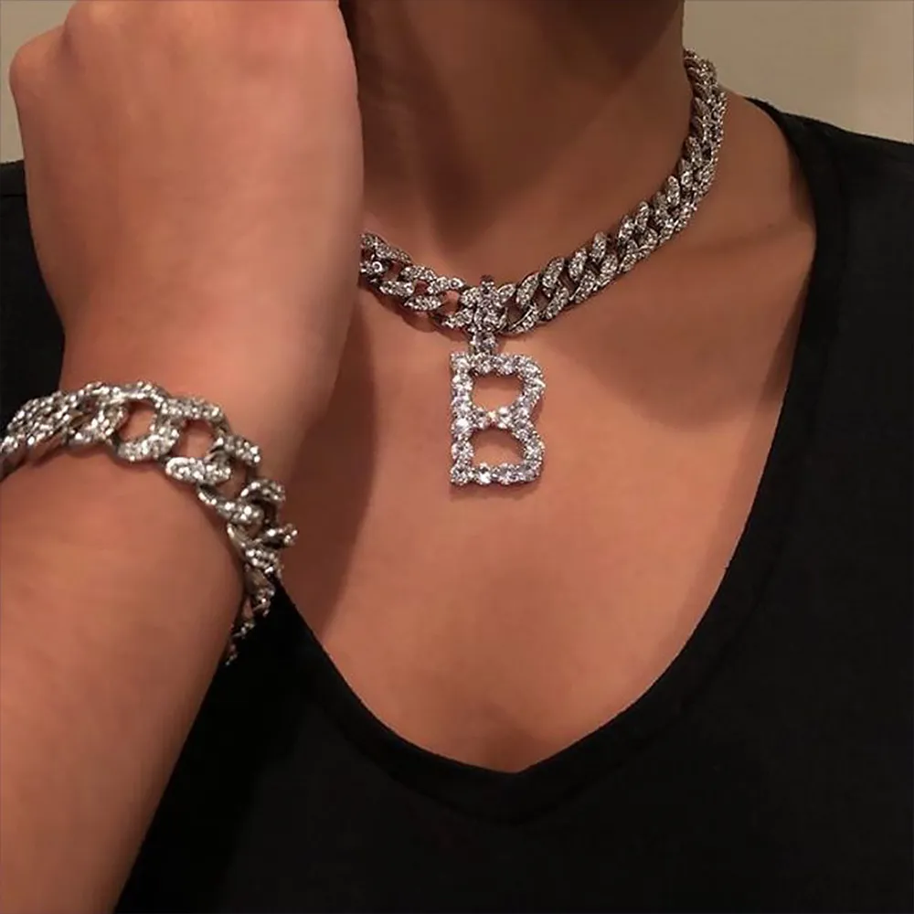 Stonefans strass cubana link letra inicial colar chocker para mulher tênis 26 alfabeto colar pingente jóias inteiro c0253k