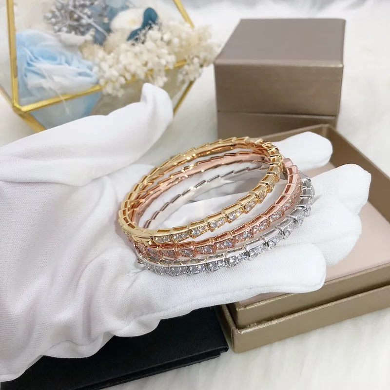 Fashion Lady Women Brass 18K Gold Plated Full Diamond and Smooth Spaced Diamond Snake Shape Narrow Bracelets Bangle294B