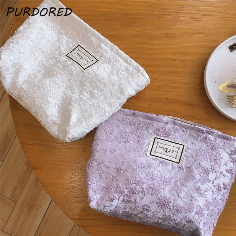 PURDORED Hollow Lace Women Makeup Bag Large Flower Cosmetic Bag Travel Solid Color Makeup Beauty Case Storage Organizer 220310