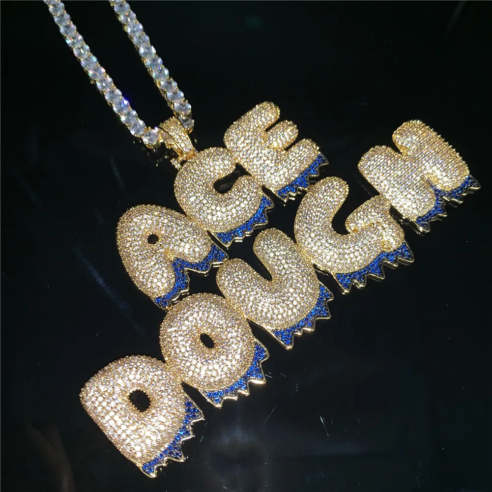 Nombre personalizado, letras inferiores azules, colgantes, collares, joyería de circón Hip Hop con cadena de cuerda dorada y plateada de 24 pulgadas 252x