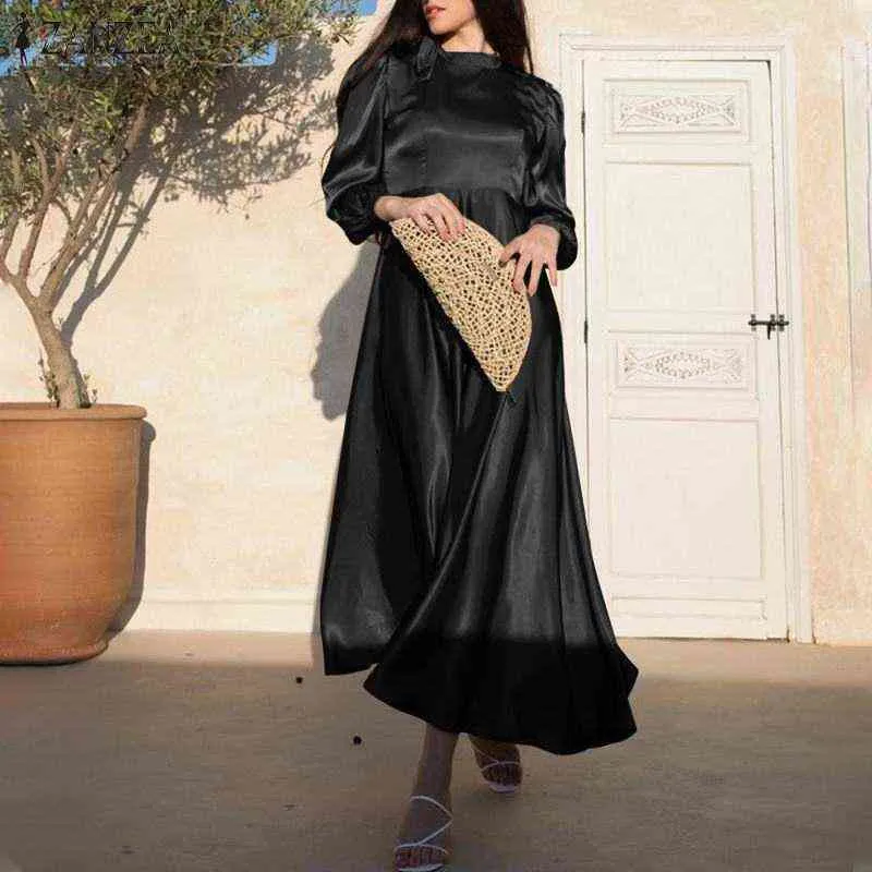 2022 Spring Swing Maxi Robe ZANZEA French Elegant Solid Vestido Lady Party Puff Sleeve Dresses Oversize Women Satin A Line Dress Y220214