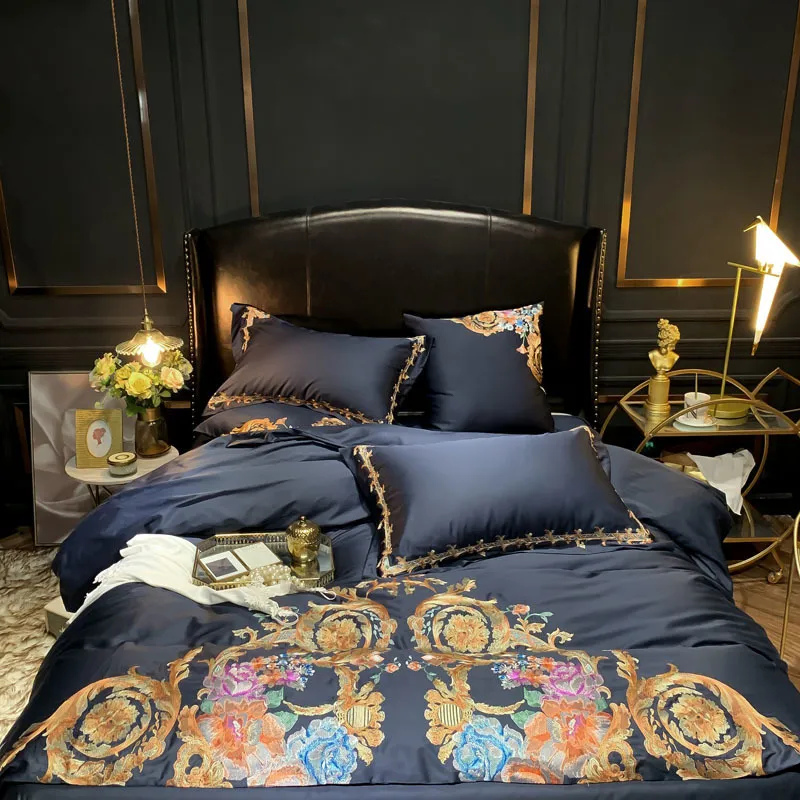 Luksusowa Egipska Bawełna Navy Blue Pościel Zestaw Premium Haft US Queen King Size 4/6 Sztuk Duvet Cover Bed Black Pillow Shams LJ200819