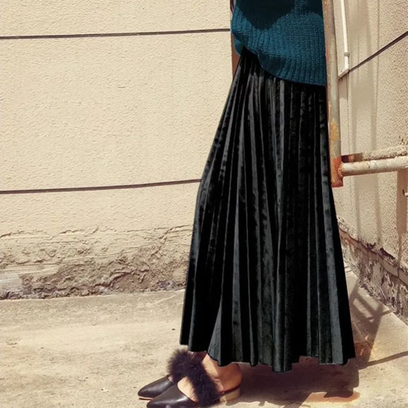 Harajuku Longue Taille Haute Femme Jupes Saias Casual Vintage Solide Noir Bureau Dames Jupes Plissées Mode Mujer Faldas Q3357 Y1214