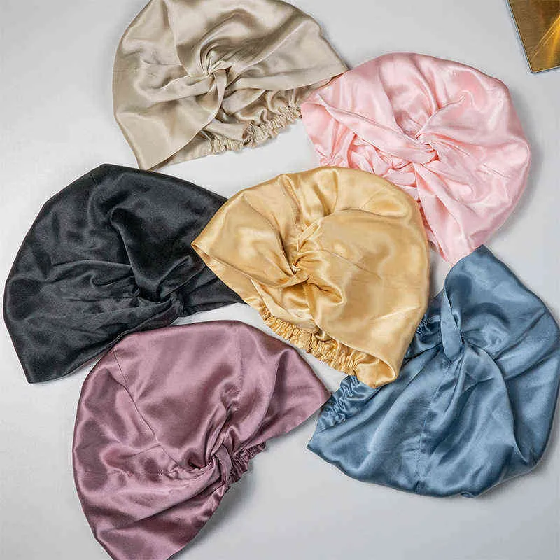 19 Momme dubbelskikt Mulberry Silk Sleeping Cap Night Sleep For Women Hair Care Long Elastic Bonnet Hat 2112297011164