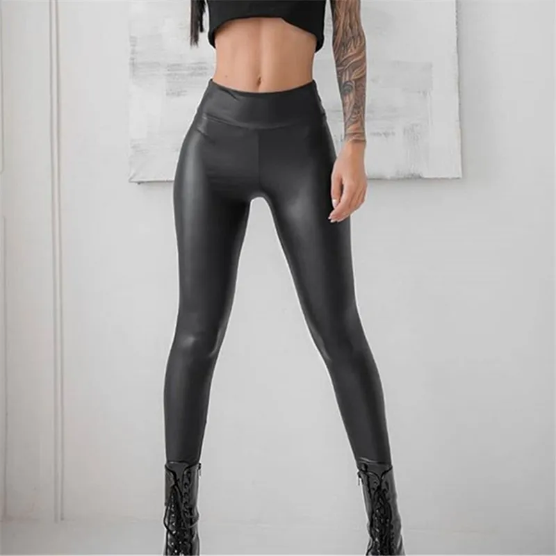 Sexig svart h￶g midja leggings kvinnor faux l￤der byxor svarta smala tights byxor mode kvinnliga kl￤der kommer och sandig g￥va