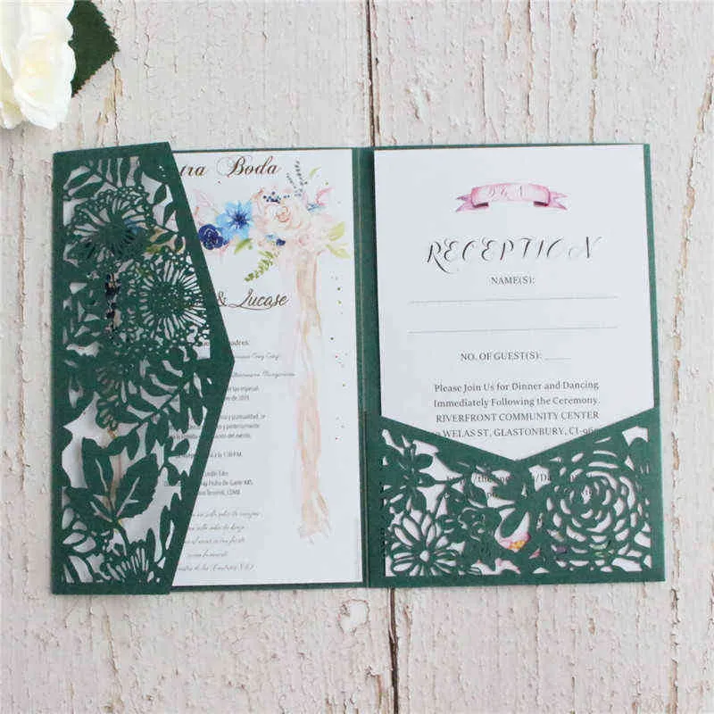 Inviti di nozze rustici Matrimonio Quinceanera Foglia verde scuro Fiore Taglio laser Stampa personalizzata Multi colori Diserbo Fornitura H1231