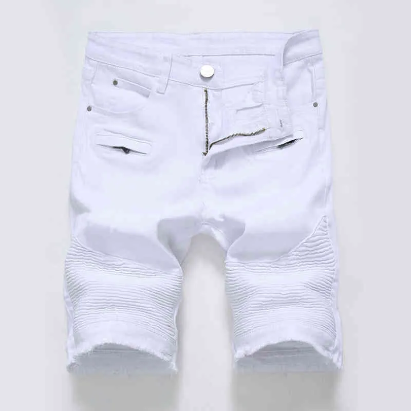 新しいBeand Summer男性はバイカージーンズショーツをリッピングしました男性のマルチビッグポケットブランドデザイナープラスサイズ28-40 W220214のための白いモトデニムショートパンツ