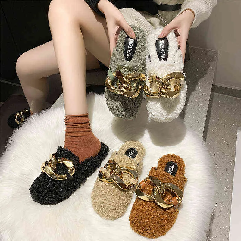 2022 Nieuwe Merk Design Dames Slipper Mode Gouden Ketting Slip op Muilezels Schoenen Winter Warm Lamb Slides Casual Flat Flip Flop Y220221