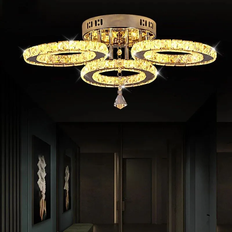 3/5 anillos K9 cristal candelabros de iluminación LED cromo moderno Plafon Lustre luminaria lámparas de techo de acero inoxidable para Kitchen244F