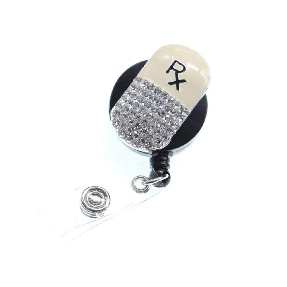 Moda chaveiros cristal strass médico rx farmácia pílula medicina garrafa crachá id titular carretel retrátil para decoração268r