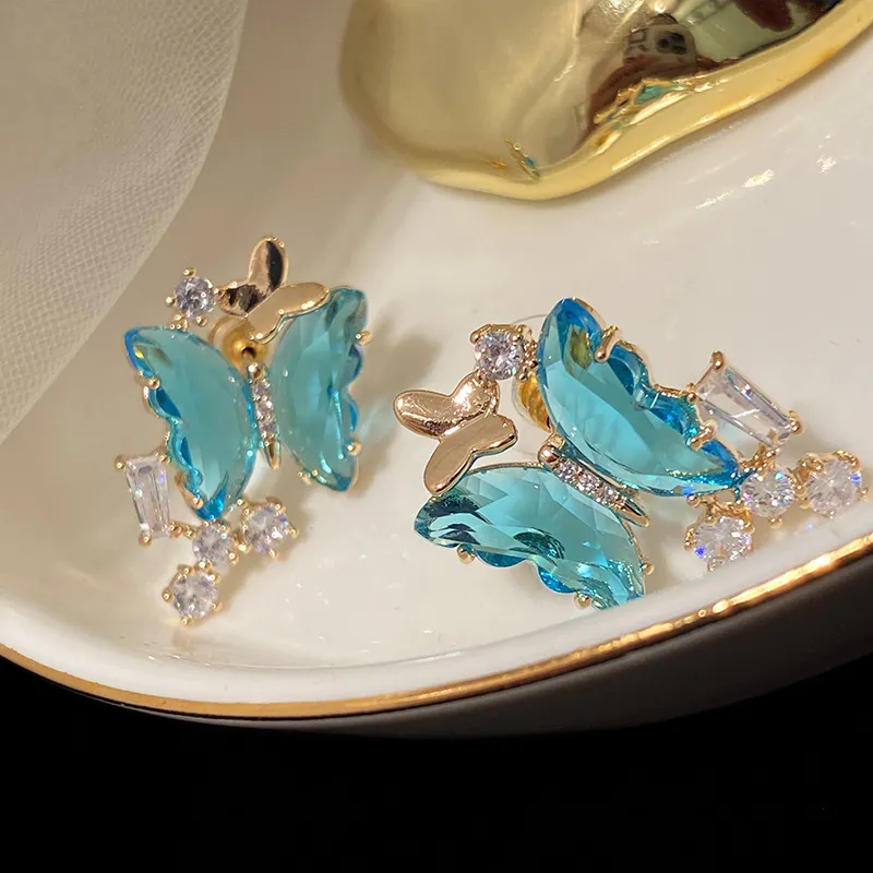 Hübsche 3D-Glaskristall-transparente Schmetterlings-Diamant-Zirkonia-Ohrringe, Modedesigner-Ohrstecker für Damen und Mädchen, S925 Silver211h