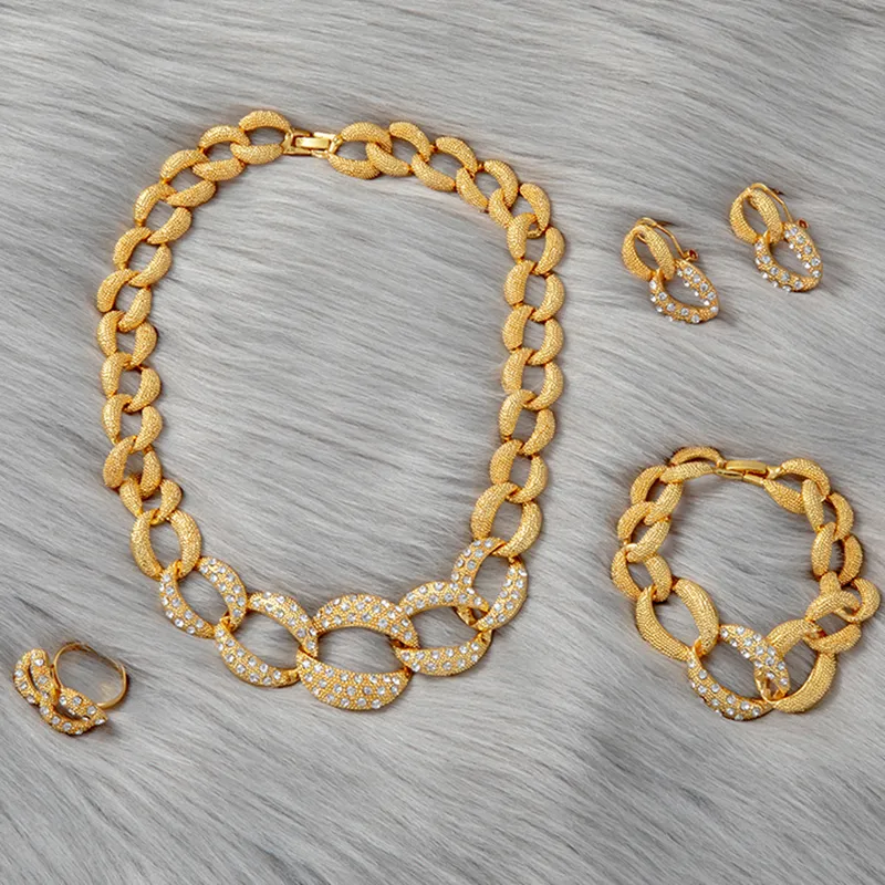 Dubai guld smycken sätter arabiska halsband armband örhängen ring set afrikanska kvinnor brud bröllop gåva etiopiska krage smycken 20279i