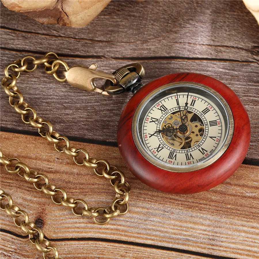 Montre de poche mécanique en bois rond de luxe rouge noir montre en bois remontage à la main squelette Fob montres hommes femmes horloge cadeaux Reloj T200502