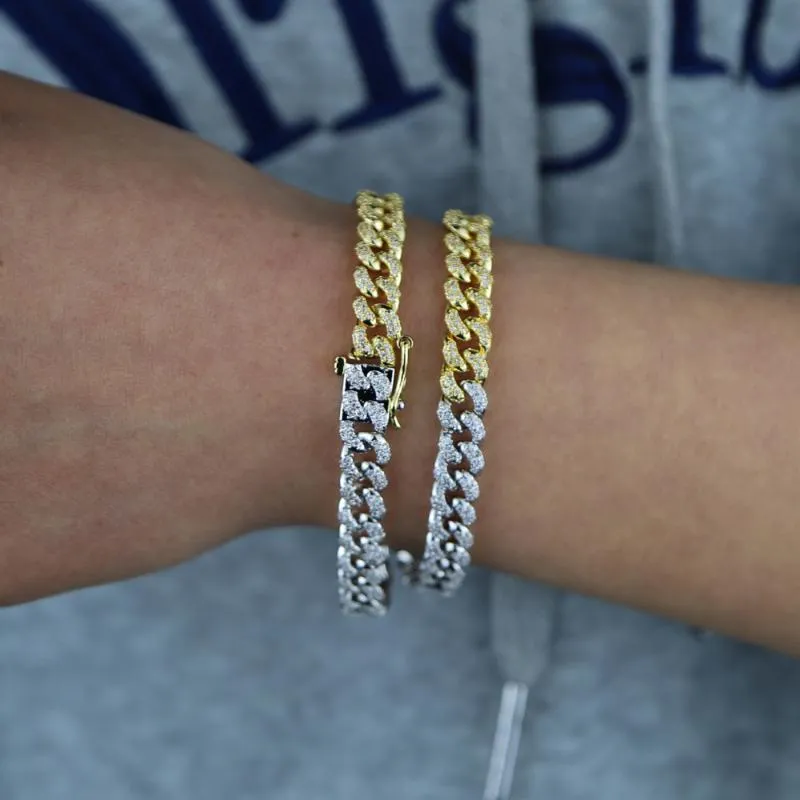 Charm armband två ton guld silver färg kubik zirkonia cz miami kubansk länkkedja armband 7mm is ut rock mode kvinnor juvel222j