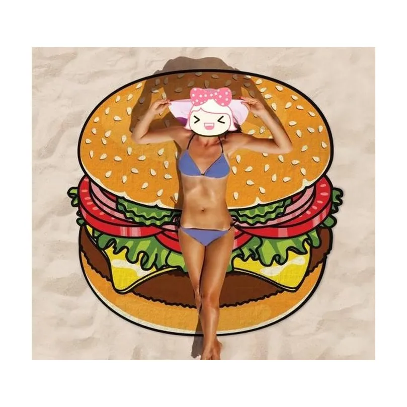 Ковры Круглый коврик для йоги Одеяло для пикника Пицца Гамбургер Пончик Полиэстер Пляжное полотенце для душа Blanke jllETL bdebag160T