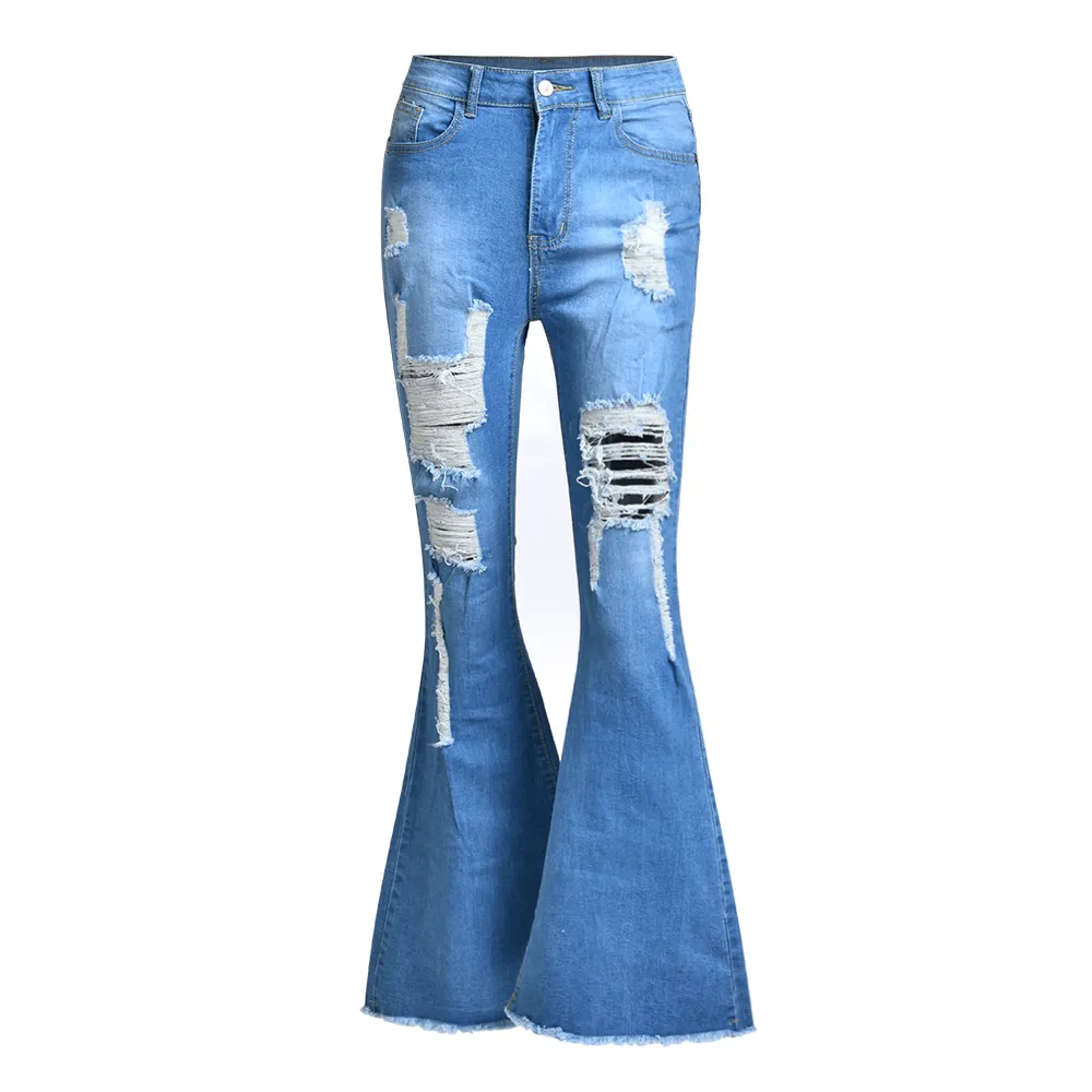 Sexy zerrissene Loch-Jeans für Frauen Vintage hohe Taille Denim-Hosen Damen Flare Jeans mit Tasche beiläufige lange Reißverschluss-Hosen LJ201013