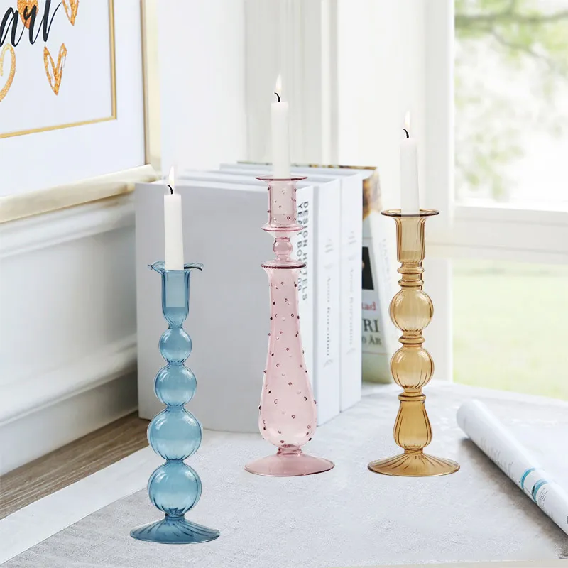 Glass Candle Holder Home Decor Wedding Decoration Accessories European Retro Crystal Candlestick Drop 220226