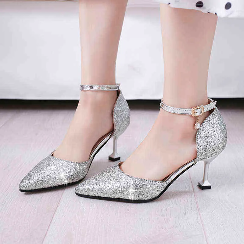 Chaussures habillées grande taille 43 femmes mariage talons dorés bride à la cheville pompes haute argent mariée femme Bling 7729 220309