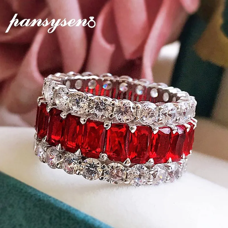 Pansysen 100% 925 prata esterlina simulada moissanite rubi esmeralda anel de pedra preciosa feminino festa de aniversário jóias finas whole3037