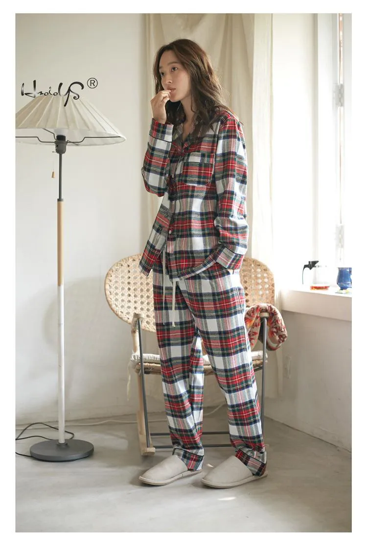 PLAID Print Par Pyjamas Set Autumn and Winte Warm Cotton Women and Men Pyjamas Långärmad sömnkläder Men Lounge Pijama T200813