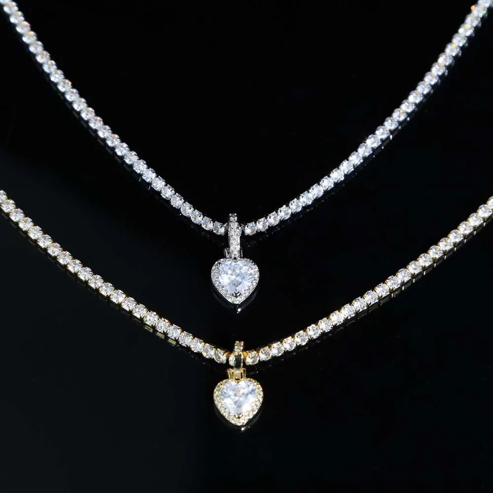 2021 saint valentin cadeau bijoux 5a zircone cubique 3mm cz tennis chaîne halo coeur pendentif glace collier pour petite amie