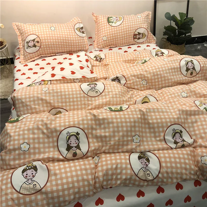 Conjuntos de cama 1Duvet capa 1bed folha 2ppillow cases 4 peças / set xadrez para cama de casal desenho animado conjunto de cama de algodão moda conjunto de cama de moda 201210