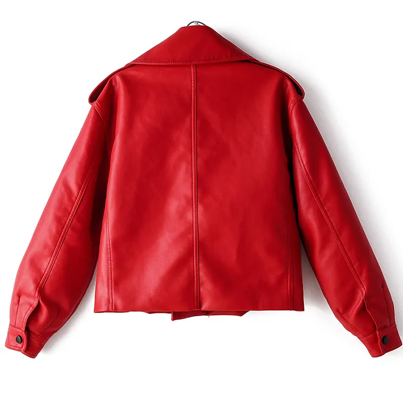 Fitaylor New Autumn Women Faux Leather Jacket Pu Motorcycle Biker Red Coat Turndown Collar Loose Streetwear Black Punk Outerwear T200814