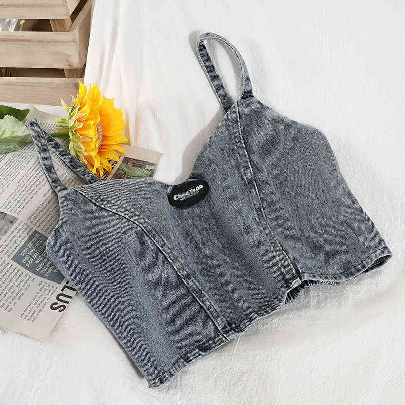 Camis Women Denim High Elasticity Slim Sexig Design Crop Top Camisole Soft Summer Fashion Vintage Washed Zipper All-Match Beach Y220308