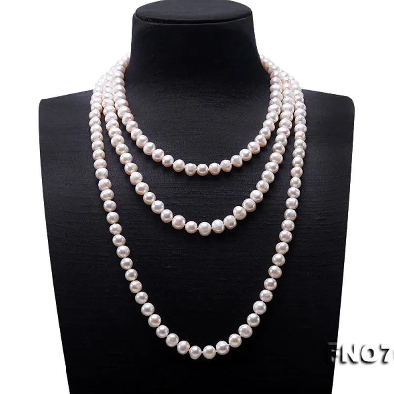 JYX Perlenpullover-Halsketten, lang, rund, naturweiß, 8–9 mm, Halskette mit natürlichen Süßwasserperlen, endlose Charm-Halskette 328 2011042508