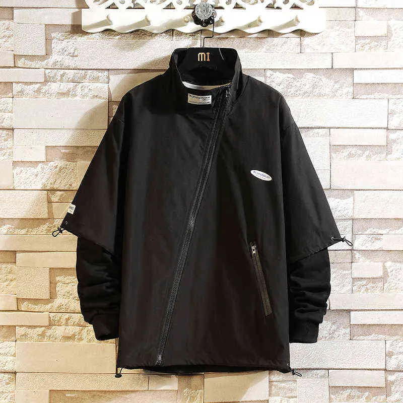 Japan Stil Pullover Weiß Schwarz Frühling Herbst Jacke Männer Streetwear Bomber Kleidung Gefälschte Zwei Stück OVERSize 5XL 6XL 7XL 211217