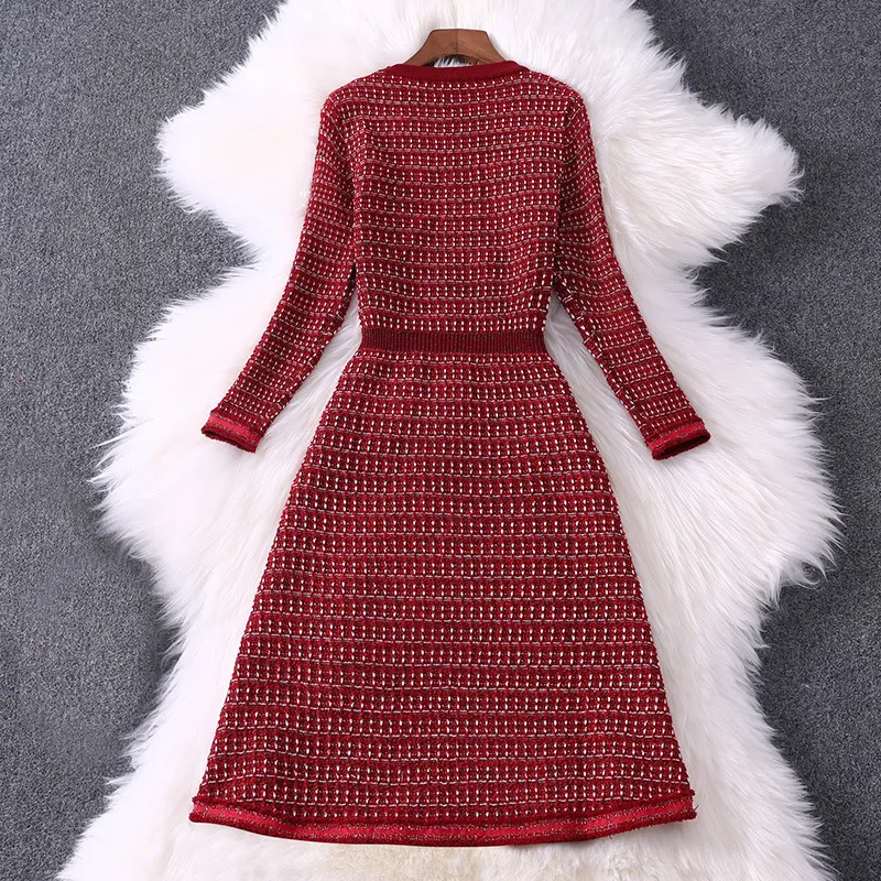 2021 Spring 4/5 Long Sleeve Round Neck Red Plaid Knitted Panelled Buttons Short Mini Dress Elegant Casual Dresses MD3188210