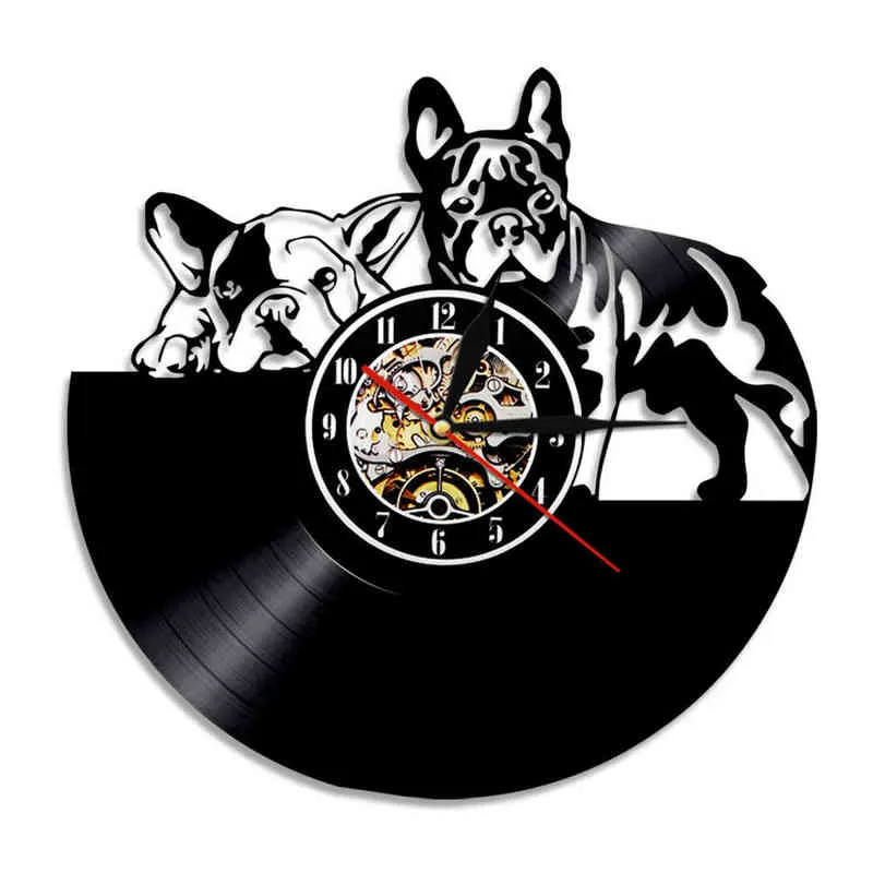 Bulldog francese Orologio da parete con disco in vinile Design moderno Animal Pet Shop Decor Orologio da parete cucciolo Relogio De Parede Bulldog Lover Gift H1230