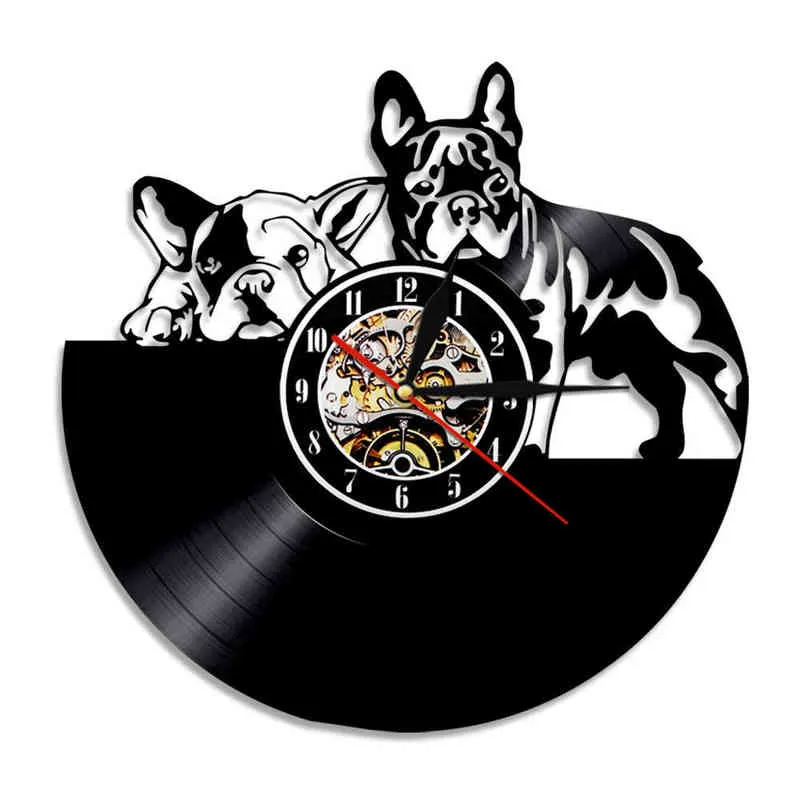 Fransk Bulldog Vinyl Rekord Väggklocka Modern Design Animal Pet Shop Decor Puppy Väggklocka Relogio de Parede Bulldog Lover Gift H1230