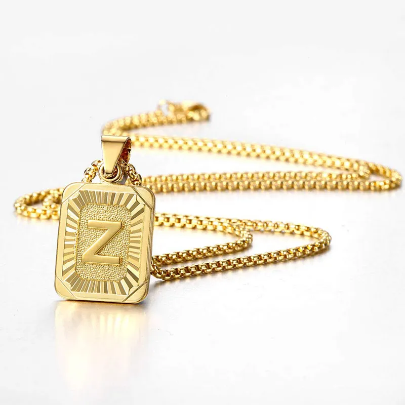 Initial Letter Pendant Necklace Mens Womens Capital Letter Yellow Gold Plated A Z Stainless Steel Box Chain 23 5inch drop266h