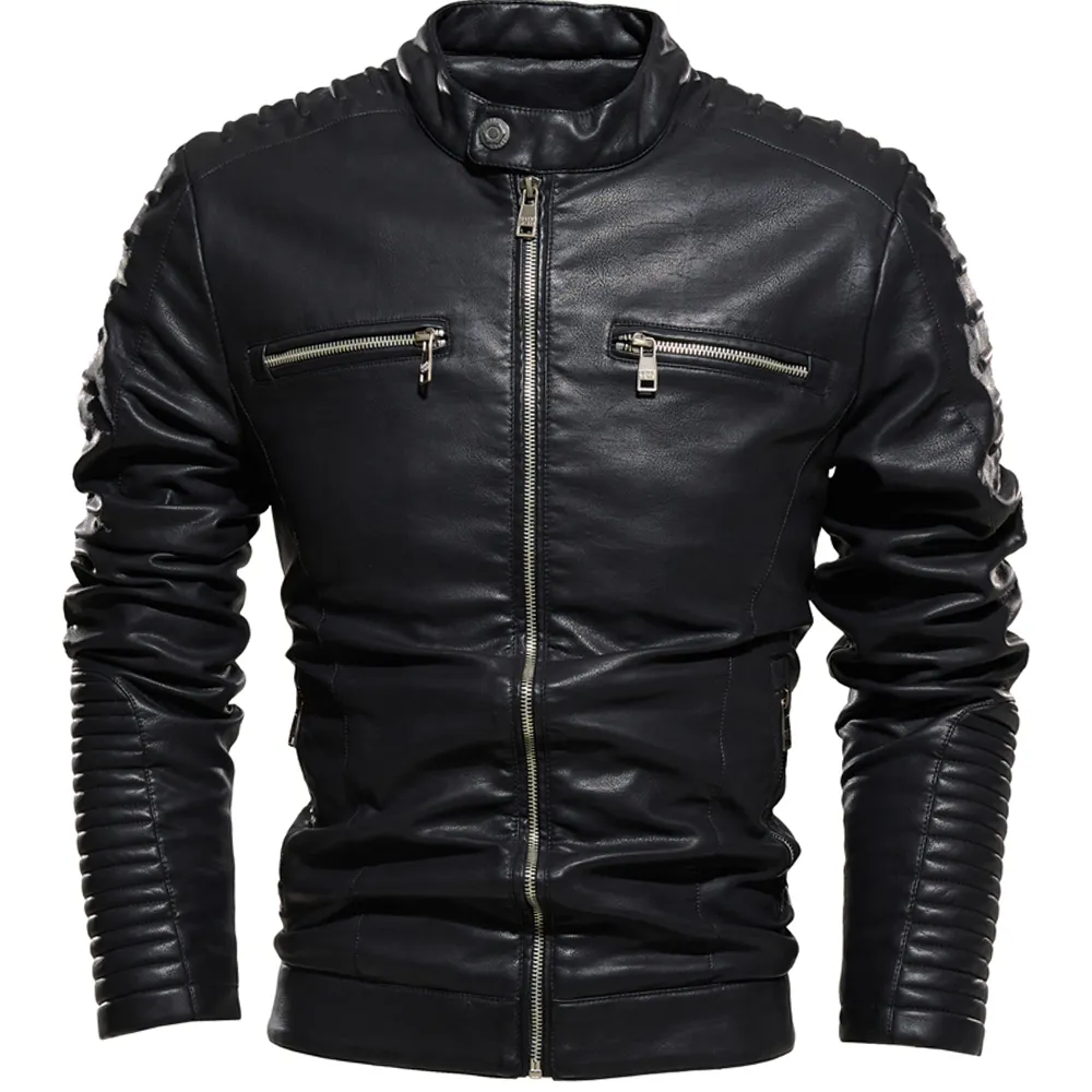 Jaquetas homens stand colar gole plissout design marrom jaqueta de motocicleta masculina jaqueta de motociclista e casacos zíper slim fit coat outono winter pu 201128