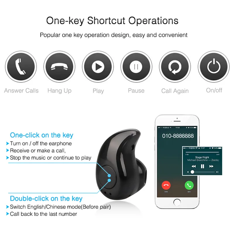 Mini écouteur Bluetooth sans fil universel dans l'oreille Sport avec micro écouteurs mains libres pour iPhone/Samsung/Huawei/Xiaomi/Android